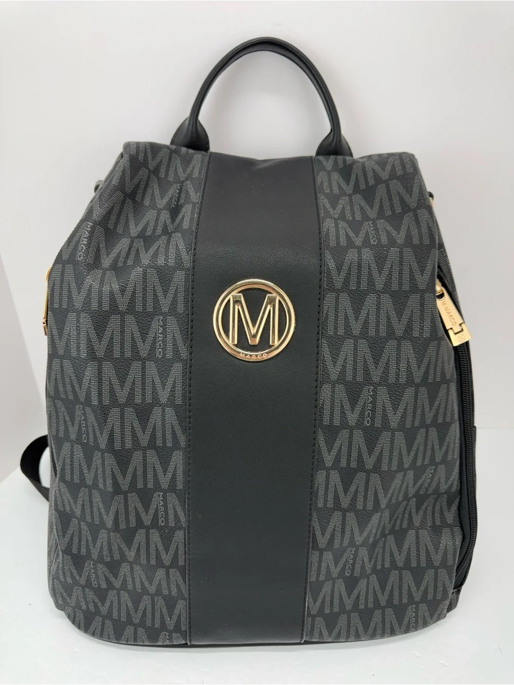 Marco By MKP Collection Black Gray Monogram Logo Vegan Faux Leather Backpack Bag